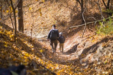 Baba oğul sonbahar parkında kucaklaşıyorlar, sığ alan derinliği. Aktif aile tatili