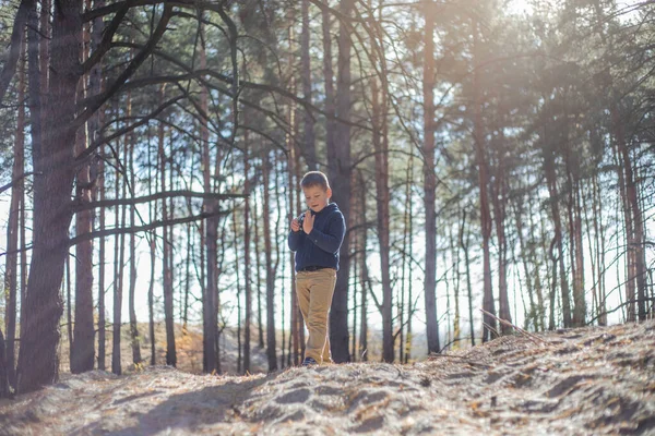 Rapaz Retrato Parque Florestal Happy Kid Está Brincando Parque Livre — Fotografia de Stock