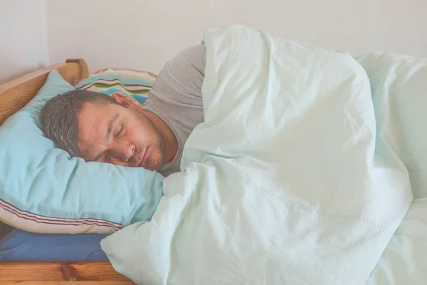 Sleeping Guy Home Relaxed Man Promote Prevention Management Sleep Disorders — Stock Photo, Image