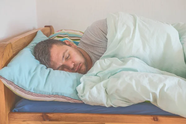 Sleeping Guy Home Relaxed Man Promote Prevention Management Sleep Disorders — Stock Photo, Image