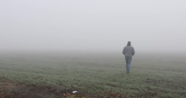 Paisaje Niebla Hombre Caminando Solo Camino Nebuloso Miedo Niebla — Vídeos de Stock