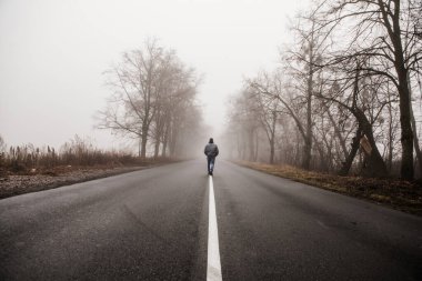 Sisli bir sonbahar manzarasında yürüyen bir adam. Sis içinde yürüyen yalnız bir adam. Sabah sisli kırsal alan. Sonbahar renklerini ısıt. Karanlık gizemli arkaplan