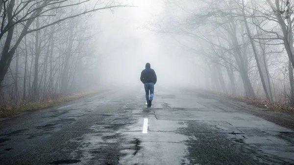 Lonely Man Walking Fog Away Road Rural Landscape Road Morning — Stock Photo, Image