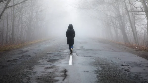 Uma Mulher Solitária Andar Nevoeiro Paisagem Rural Com Estrada Névoa — Fotografia de Stock