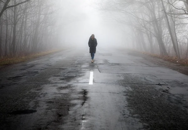 唯一の女性が離れて劇的な神秘的なシーンで霧霧の霧の道に歩いてください 霧に包まれた秋の風景の中を歩く少女 — ストック写真