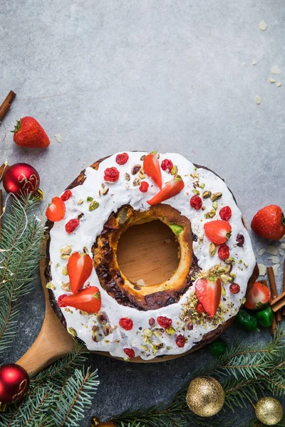 Epiphany cake, Kings cake, Roscon de reyes or Rosca de reyes. Traditional spanish christmas cake.