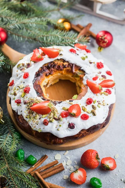 Epiphany cake, Kings cake, Roscon de reyes or Rosca de reyes. Traditional spanish christmas cake.