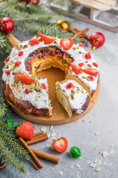 Epiphany cake, Kings cake, Roscon de reyes or Rosca de reyes. Traditional spanish christmas cake.