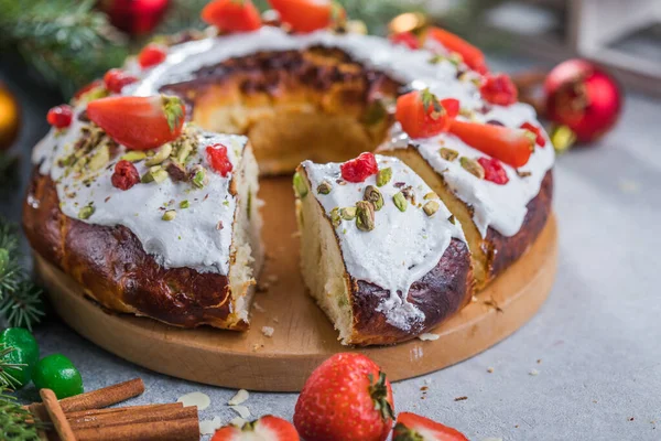 Epiphany cake, Kings cake, Roscon de reyes or Rosca de reyes. Traditional spanish christmas cake.