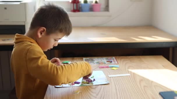 Little boy being creative making homemade do it yourself dinosaur mosaic. — Vídeos de Stock