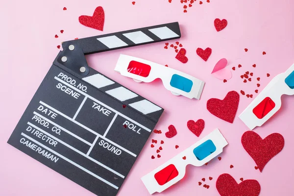 Valentine Day Movie Night Concept Popcorn Glasses Clapper Board Pink — Stock Photo, Image