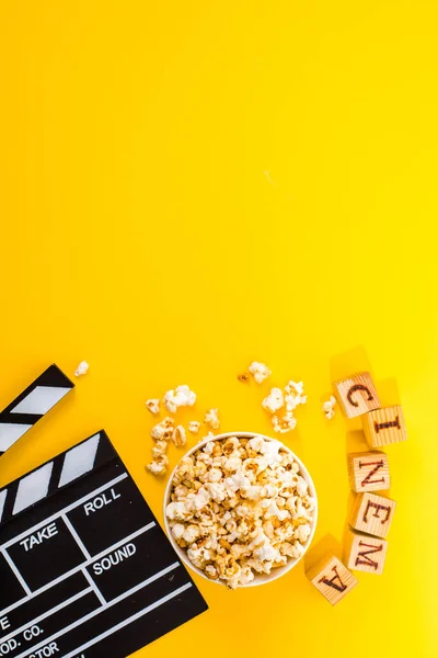 Bowl Salty Popcorns Yellow Background Cinema Snack Concept Flat Lay — Stock Photo, Image