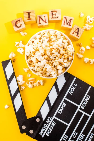 Bowl Salty Popcorns Yellow Background Cinema Snack Concept Flat Lay — Stock Photo, Image