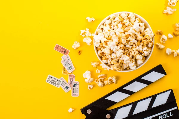 Bowl Salty Popcorns Yellow Background Cinema Snack Concept Flat Lay — Stock Photo, Image