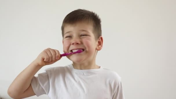 Pojke borsta tänderna med hjälp av tandborste och oral pasta, rengöring tänder. — Stockvideo