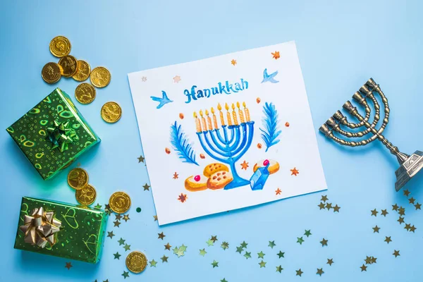 Символы Хануки Лежат Ровно Традиционный Еврейский Праздничный Дизайн Открыток Поздравлениями — стоковое фото