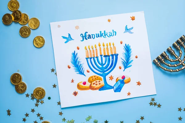 Hanukkah Symboler Platt Låg Traditionell Judisk Semester Gratulationskort Design Med — Stockfoto