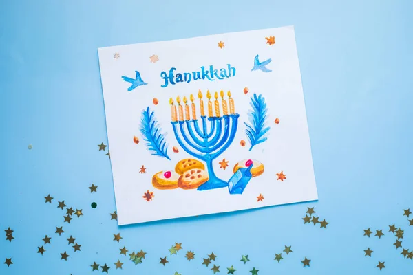Hanukkah Symboler Flad Traditionel Jødisk Ferie Lykønskningskort Design Med Glade - Stock-foto