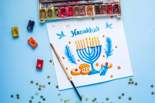 Hanukkah Symboler Platt Låg Traditionell Judisk Semester Gratulationskort Design Med — Stockfoto