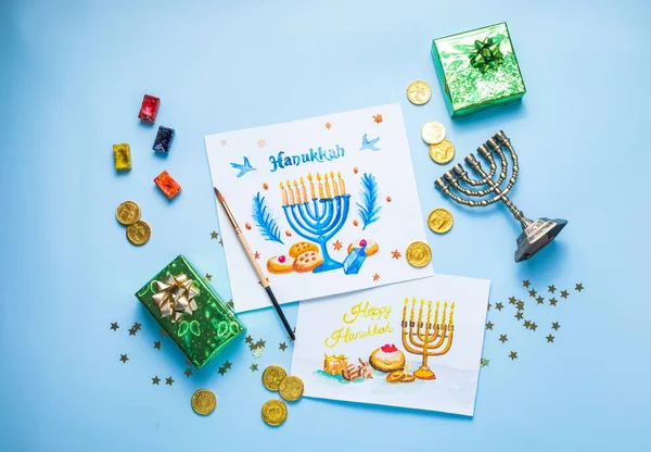 Hanukkah Σύμβολα Επίπεδη Θέσει Παραδοσιακός Εβραϊκός Σχεδιασμός Ευχετήριων Καρτών Χαρούμενα — Φωτογραφία Αρχείου