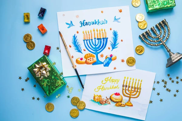 Символы Хануки Лежат Ровно Традиционный Еврейский Праздничный Дизайн Открыток Поздравлениями — стоковое фото