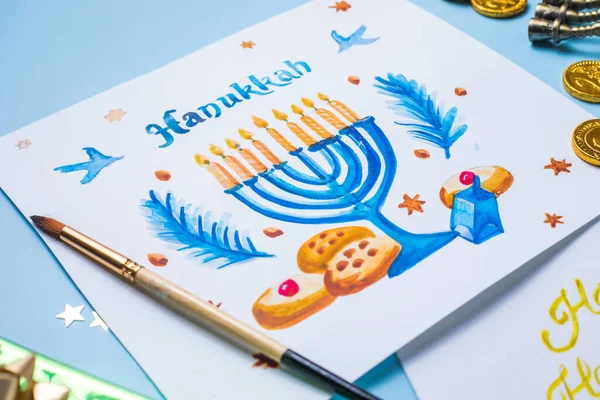 Symboly Chanuky Byly Ploché Tradiční Židovský Svátek Přání Design Šťastnou — Stock fotografie