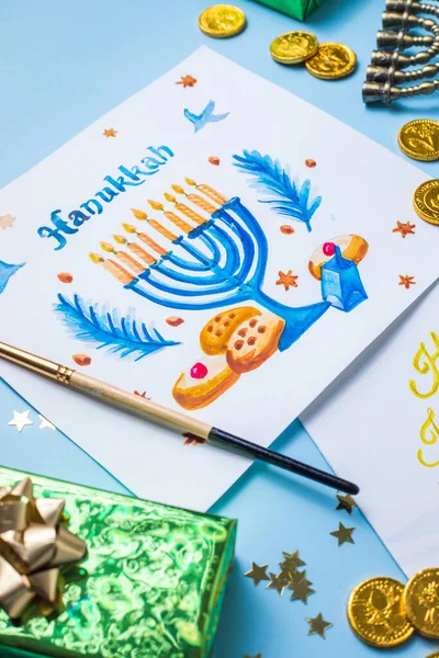 Hanukkah Símbolos Planas Yacen Diseño Tradicional Tarjetas Felicitación Vacaciones Judías — Foto de Stock