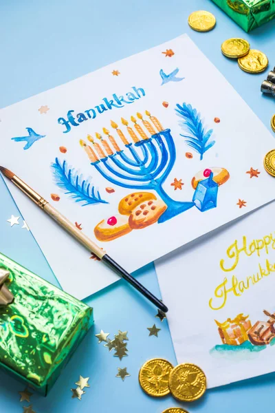 Hanukkah Σύμβολα Επίπεδη Θέσει Παραδοσιακός Εβραϊκός Σχεδιασμός Ευχετήριων Καρτών Χαρούμενα — Φωτογραφία Αρχείου