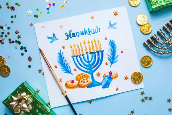 Символи Ханюкки Плоскі Традиційне Єврейське Свято Вітальних Листівок Щасливими Привітаннями — стокове фото