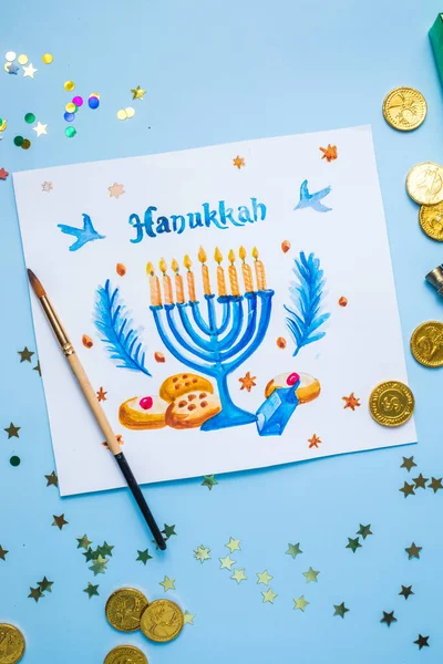 Символи Ханюкки Плоскі Традиційне Єврейське Свято Вітальних Листівок Щасливими Привітаннями — стокове фото
