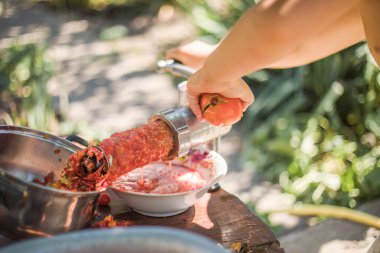 El yapımı domates suyunu vidayla bastırmak çocukların hamurdan çıkan suyu süzgeçten geçirmesine yardımcı olur ve hamuru gübreye atar.