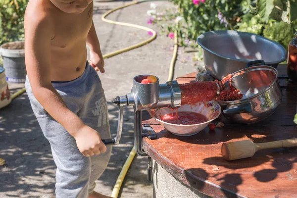 子供をねじで手押しで自家製トマトジュースを作ることは パルプが堆肥にスローされるふるいを通してパルプからハンドルジュースの流れを回すのを助ける — ストック写真