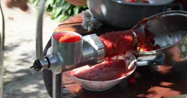Fazendo Suco Tomate Caseiro Pressionando Uma Prensa Mão Com Parafuso — Vídeo de Stock