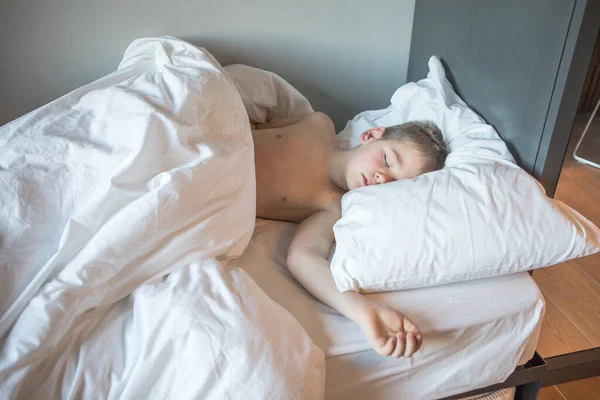 Kid Year Old Lying Bed Sleepy Child Waking Morning His — Stock Photo, Image