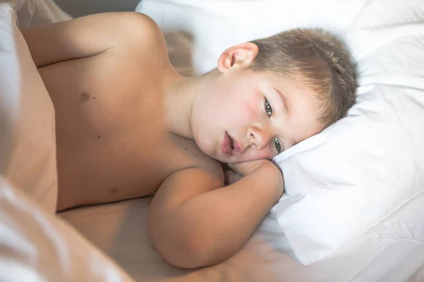 Kid Year Old Lying Bed Sleepy Child Waking Morning His — Stock Photo, Image