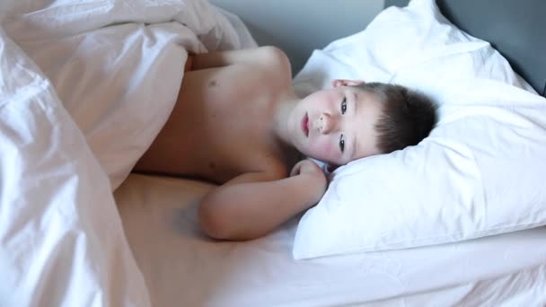 Sleepy Toddler Boy Lying Bed Crying Tired Child Bedroom — Stock Video