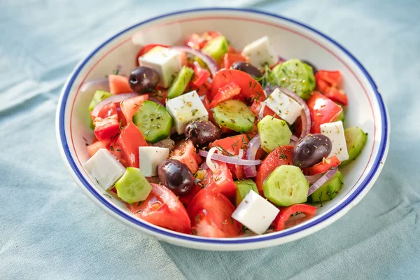 Salade Grecque Fromage Feta Olives Tomate Concombre Oignon Rouge Alimentation — Photo