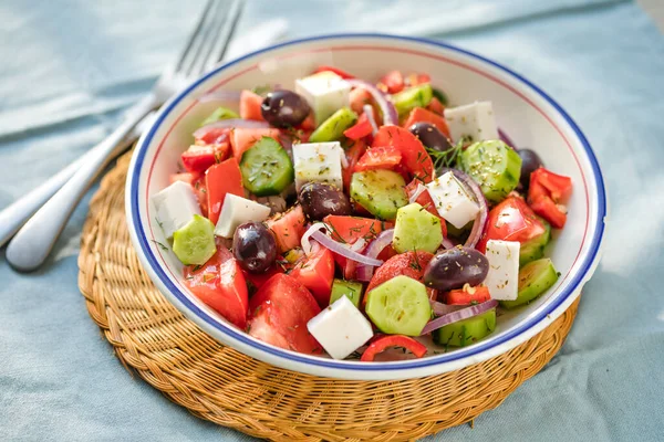 Salade Grecque Fromage Feta Olives Tomate Concombre Oignon Rouge Alimentation — Photo