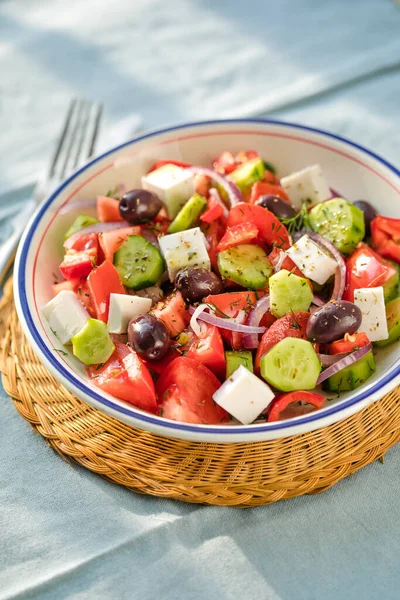 Greek Salad Feta Cheese Olives Tomato Cucumber Red Onion Healthy — Stock Photo, Image