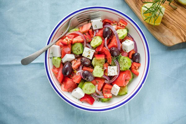 Salade Grecque Fromage Feta Olives Tomate Concombre Oignon Rouge Alimentation — Photo