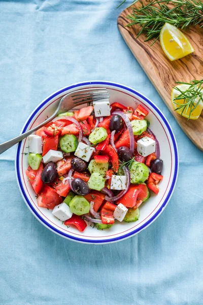 Salade Grecque Fromage Feta Olives Tomate Concombre Oignon Rouge Alimentation — Photo