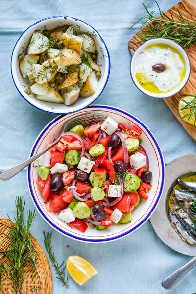 Greek Food Table Scene Top View Variety Items Including Greece — Stock Photo, Image