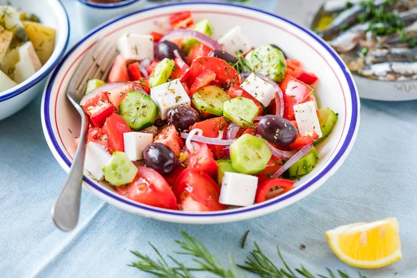 Greek Salad Feta Cheese Olives Cherry Tomato Paprika Cucumber Red — Stock Photo, Image