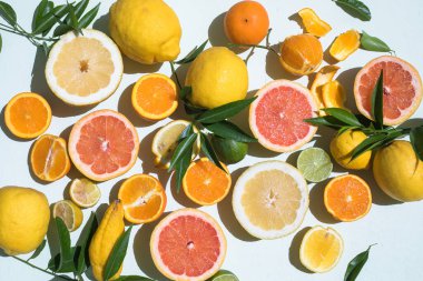 Turuncu, limon, limon greyfurt gibi farklı türde taze dilimler.