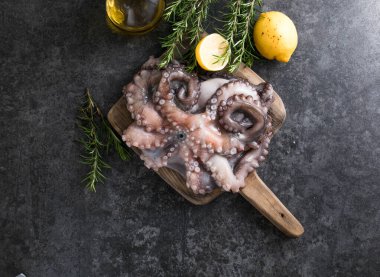 Ahtapot. Yaratıcı sağlıklı yiyecek kavramı ve ahtapottan alınmış lezzetli deniz ürünleri fotoğrafları..