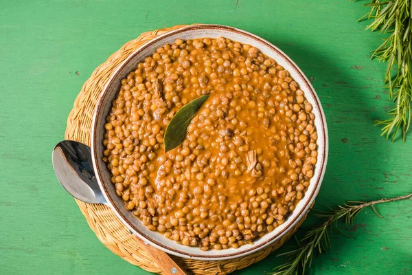 Sopa Falsa Sopa Lentilha Com Molho Tomate Alho Folha Louro — Fotografia de Stock