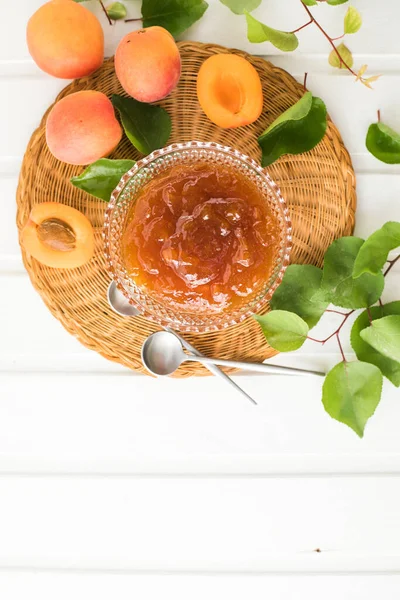 Jam Apricots Fresh Apricots Wooden Background — Stock Photo, Image