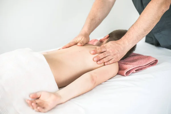 Boy Toddler Relaxes Therapeutic Massage Physiotherapist Working Patient Clinic Treat — Stock Photo, Image