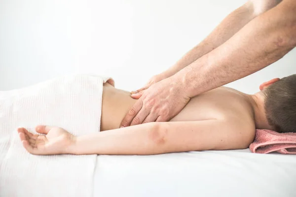 Boy Toddler Relaxes Therapeutic Massage Physiotherapist Working Patient Clinic Treat — Stock Photo, Image