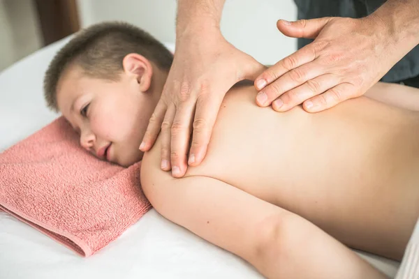 Boy Toddler Relaxes Therapeutic Massage Physiotherapist Working Patient Clinic Treat — Stock Photo, Image